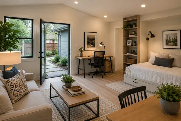 Flexible ADU interior designed for remote work, guests, and changing lifestyle needs.